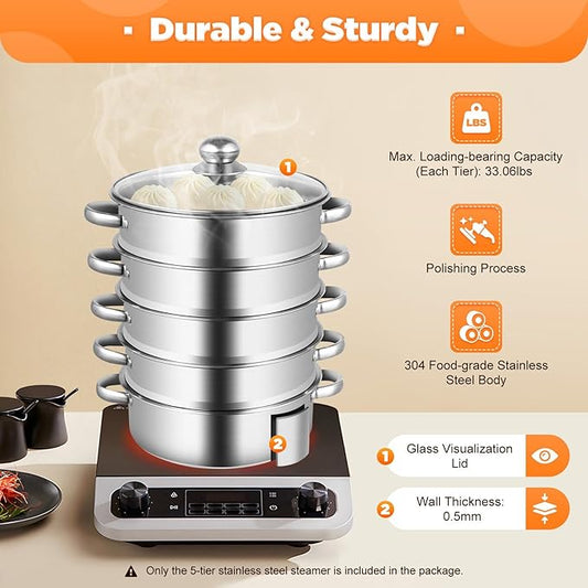 5-Tier Stainless Steel Steamer Meat Vegetable Cooking Steam Pot Kitchen Tool with Stackable Pan and Lid for Steaming Pasta Dumplings and Vegetables