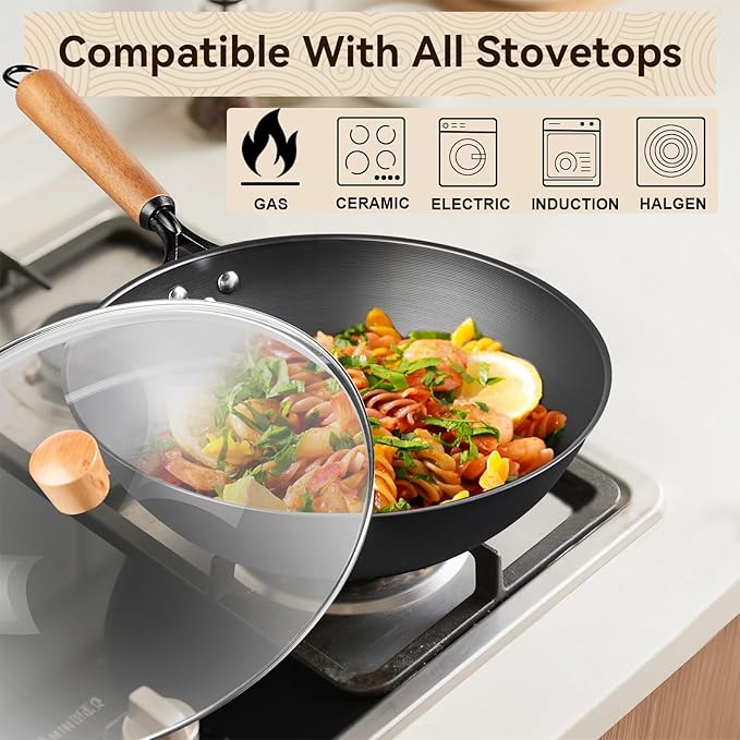 VIVIDCOOKWARE 12.6" Carbon Steel Wok, Spun Iron Stir Fry Wok with Wooden Handle, Flat Bottom Wok Pan with Reinforced Rim, Lightweight Woks & Stir-Fry Pans for Everyday Cooking