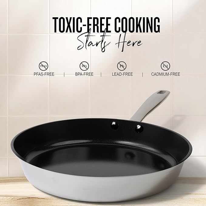 Alva Maestro 3-Piece Stainless Steel Nonstick Frying Pan Set – Made Without PFAS, PFOA & PTFE Ceramic Coating – Reinforced 5-Ply Aluminum Core, Oven & Induction Safe for Even Heat, Easy Clean Coating