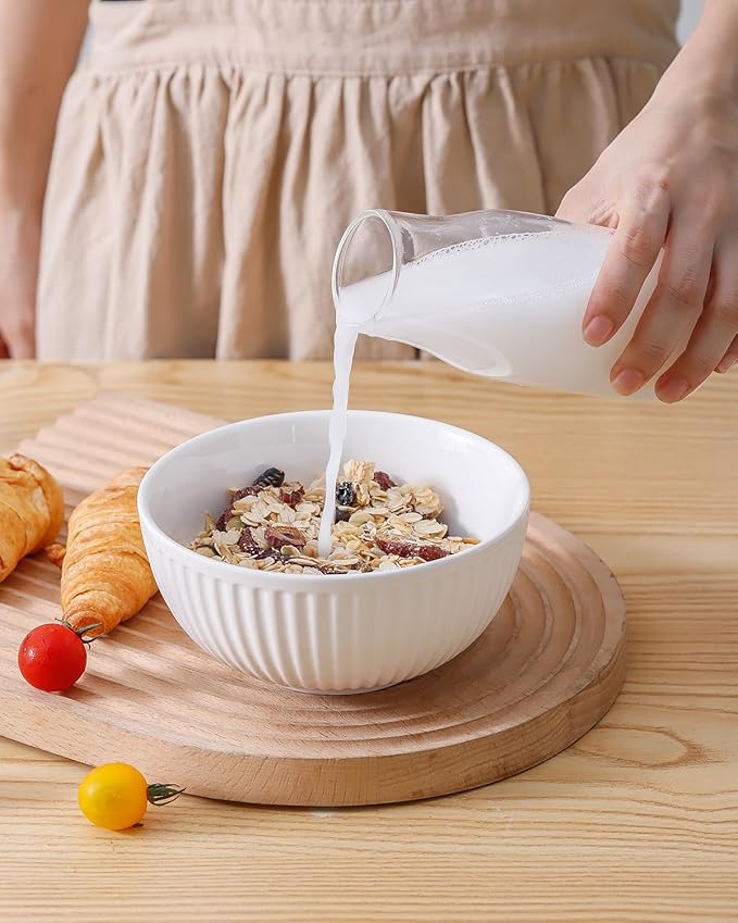 HASENSE Cereal Bowls Set Ceramic 24 Oz - 6 Inch Soup Bowl Set of 6 for Kitchen,Modern Ribbed White Porcelain Dishes for Entertaining,Soup,Oatmeal,Pasta,Cereal,Noodle - Dishwasher & Microwave Safe