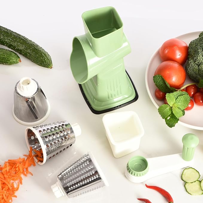 Rotary Cheese Grater with Handle Kitchen Shredder Slicer Grater Slicer Ice Shaver Cheese Vegetable Nuts Potato Zucchini Chocolate 3 Interchangeable Blades (Green)