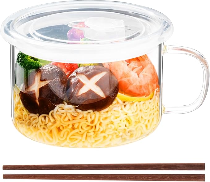 Ramen Bowls Microwavable, Glass Soup Bowls With Handles, 34oz/1000ml Soup Mug With lid, Use-Friendly Ramen Bowl Set With Chopsticks