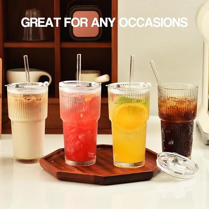 Haundry 20 oz Ribbed Glass Tumbler with Lids and Straws, 4 Pack Iced Coffee Cups, Thickened Glassware Set, Ripple Design Glass Cups for Coffee, Soda, Smoothies, Cocktails and Juice
