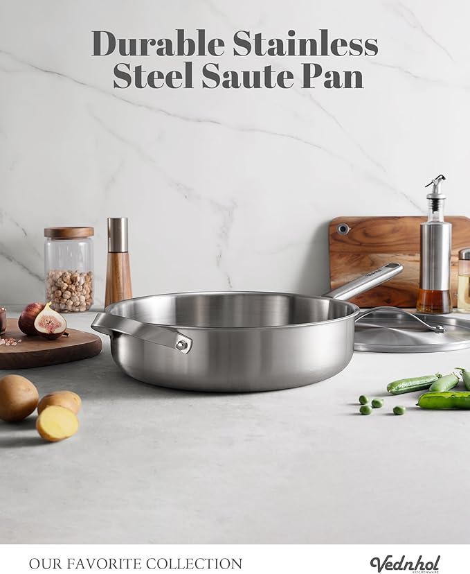 VEDNHOL Stainless Steel Saute Pan with Stainless Steel Lid 7-Quart,13-Inch Deep Skillet,Dishwasher&Oven Safe,Induction&All Stove Compatible,Brushed Finish