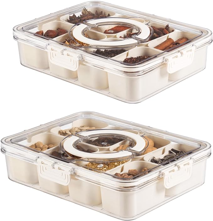 Bandesun Divided Serving Tray with Lid and Handle - Snackle Box Charcuterie Container for Portable Snack Platters - Clear Organizer for Candy, Fruits, Snacks，Nuts - Perfect (Pack of 2)