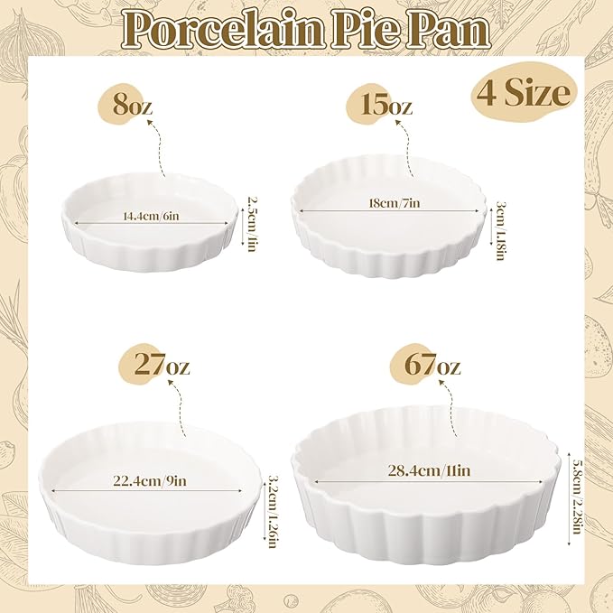 4 Packs Ceramic Pie Pan Set 6"/7"/9"/11" Deep Pie Plate Round Baking Dish Quiche Baking Dish Bakeware Tart Molds Oven Safe for Serving