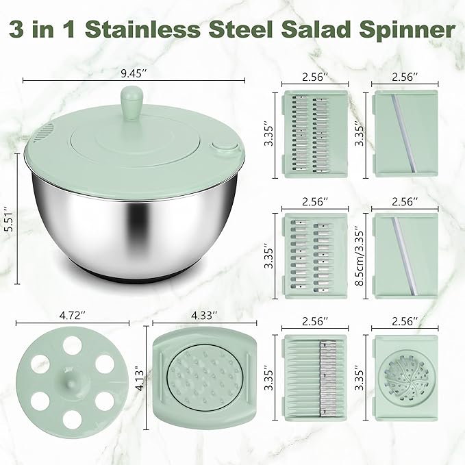 Unokit Stainless Steel Salad Spinner - Large Salad Spinner with Non-Slip Base and 5 Blade Slicers, Dishwasher Safe Lettuce Spinner for Efficient Salad Preparation and Food Washing in Kitchen