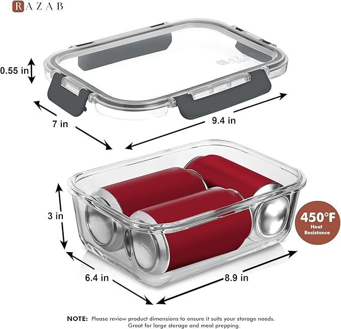 Razab 4 Pcs 1860ml / 63 Oz Large Glass Food Storage Containers with Lids - Glass Meal Prep Containers with Locking Lids for Roasting, Storing Leftover, Lunch Container, BPA Free, Microwave & Oven Safe