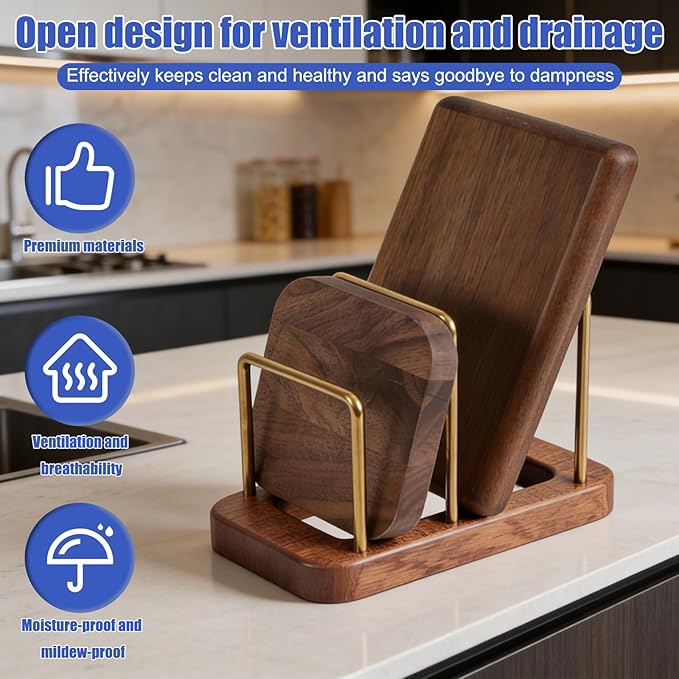 Chopping Board Holder, Cutting Board Rack with Wooden Base Multi-Tiered Pot Lids Storage Rack Plates Organizer Cabinet Storage Divider Accessory for Kitchen Countertops