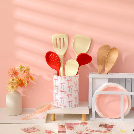 WILLBOND Pink Bow Utensil Holder Coquette Acrylic Kitchen Decor Cooking Utensil Crock Preppy Storage Caddy Organizer Vase Decor for Kitchen Countertop Spoon Holder Jar Housewarming Gift