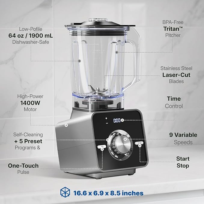 BlendTide Home Blender, 1400W High-Speed Blender for Ice Crushing Power, Stainless Steel Blades, Kitchen Timer, 10 Speeds, 6 Programs for Smoothies, Frozen Drinks, Self-Cleaning, 64oz Bulk Production