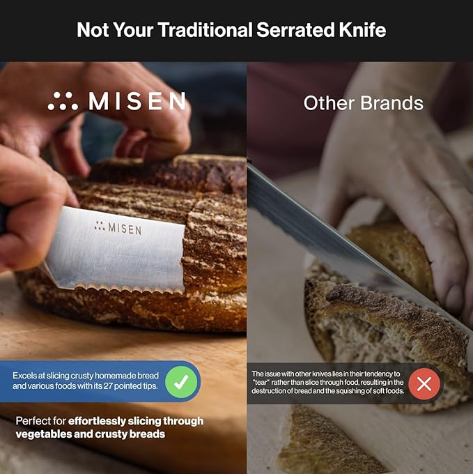 Misen Serrated Bread Knife - High-Carbon Japanese AUS8 Steel - Perfect for Soft Foods, Bread, Pastries, and Fruits - Verstatile Slicer, Razor-Sharp Edge, Durable Blade, Ergonomic Handle - 8", Black