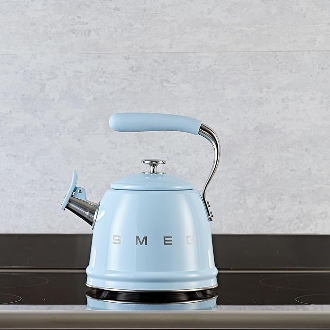 SMEG Stovetop Whistling Kettle – 50s Retro Style, 2.3 Liter (10 Cup / 2.4 Quart) Stainless Steel Tea Kettle with Iconic Design & Whistle – Premium Kitchen Statement Piece-Pastel Blue