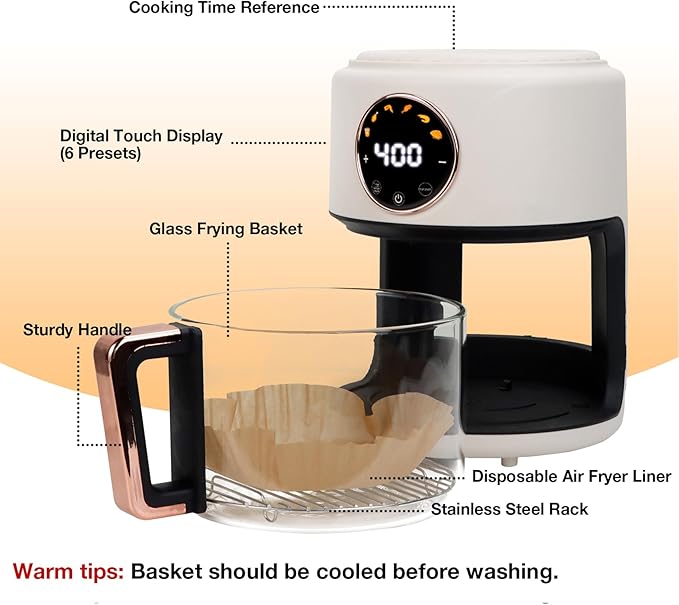 GYMODE 4.7QT Glass Air Fryer, 360° Viewable Glass Air Fryer Non Toxic, 6-IN-1 Preset Cook Modes, Digital Display, Adjustable Temp 100F - 400F, Nonstick, Dishwasher Safe, White