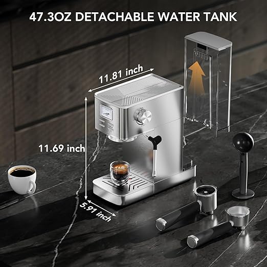 Espresso Machine 20 Bar, Compact Espresso Maker with Milk Frother, Visual Pressure Gauge, Commercial Coffee Machine with 47oz Removable Water Tank and Capsule Funnel, for Cappuccino, Latte