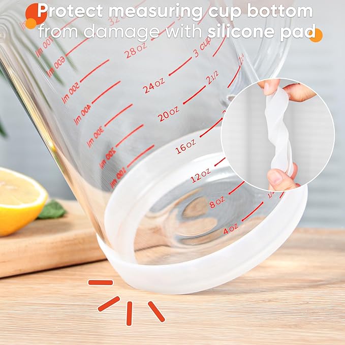 4 Cup Glass Measuring Cup with Handle, 77L High Borosilicate Glass Measuring Cup with V-Shaped and Three Scales (Cup, OZ, ML), Glass Liquid Beaker with Silicone Base, Double-Sided Measure Scales