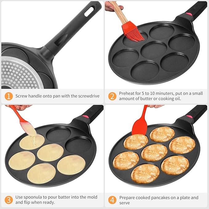 CAINFY Pancake Pan Maker Nonstick Induction Compatible, 10.5 Inch Mini Non Stick Silver Dollar Grill Blini Griddle Crepe Pan,7 Molds Cake Egg Cooker Skillet for Kids Gifts