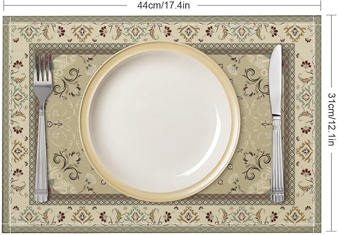 Persian Carpet Design Placemats Set of 4 Retro Tribal Texture Floral Art Printed Dining Table Mats for Restaurant Home Kitchen Holiday Picnic Party Decor 12x18in