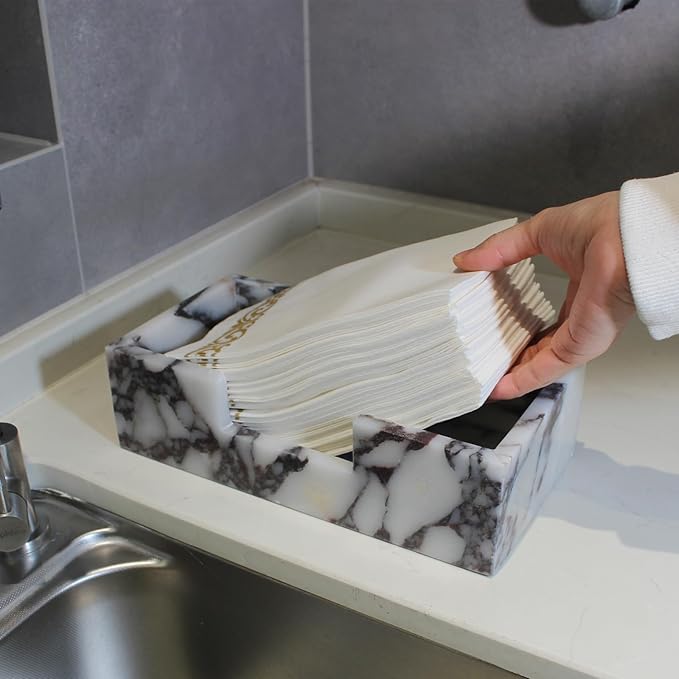 Natural Calacatta Viola Marble Napkin Holder 9.8"x4.9"x2.8", Guest Towel Holder, Paper Hand Basket for Bathroom/Kitchen/Restaurant