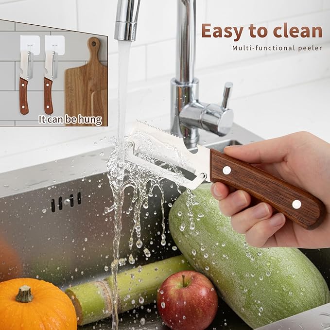 2 Pcs Multi-Functional Vegetable Peeler for Kitchen, Features Solid Wood Handles, Stainless Steel Blade, with Bottle Opener, Kitchen Peeling Tool for Fruits Potatoes Apples Carrots Zucchini