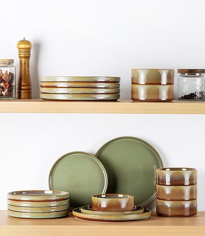 TheTerra Ceramic Dinnerware Sets for 6, 18 Pieces Porcelain Lightweight Plates and Bowls Sets, Scratch Resistant Dish Set, Oven & Microwave & Dishwasher Safe, Sage Umber