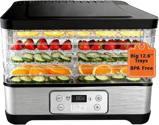 Food Dehydrator, Large 5 Trays Meat Dehydrator for Jerky, 300W Herb Dryer 24H Timer & Temp Control for Fruit Snacks Yogurt Dog Treats ETL Approved (Black 5 Trays)