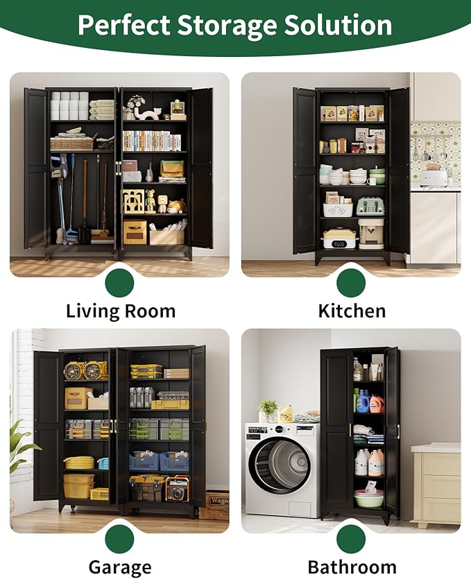Metal Garage Storage Cabinet with 2 Doors and 4 Shelves,74.8 Kitchen Pantry Cabinet with Anti-Tip Kit & Adjustable Feet, Tall File Tool Cabinets for Office,Home,Garage,Gym