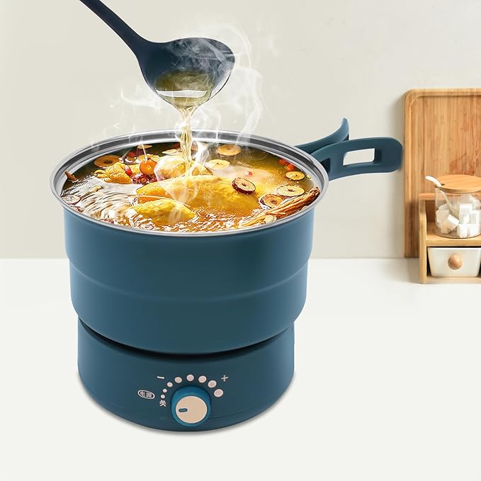 Portable Electric Hot Pot 500W 1.6L with Foldable Handles Non-stick Frying Pan Mini Hot Pot Multi-Functional Ramen Noodle Cooker with Power Adjustment for Noodles Steak Cooker Eggs StirFrying (Green)