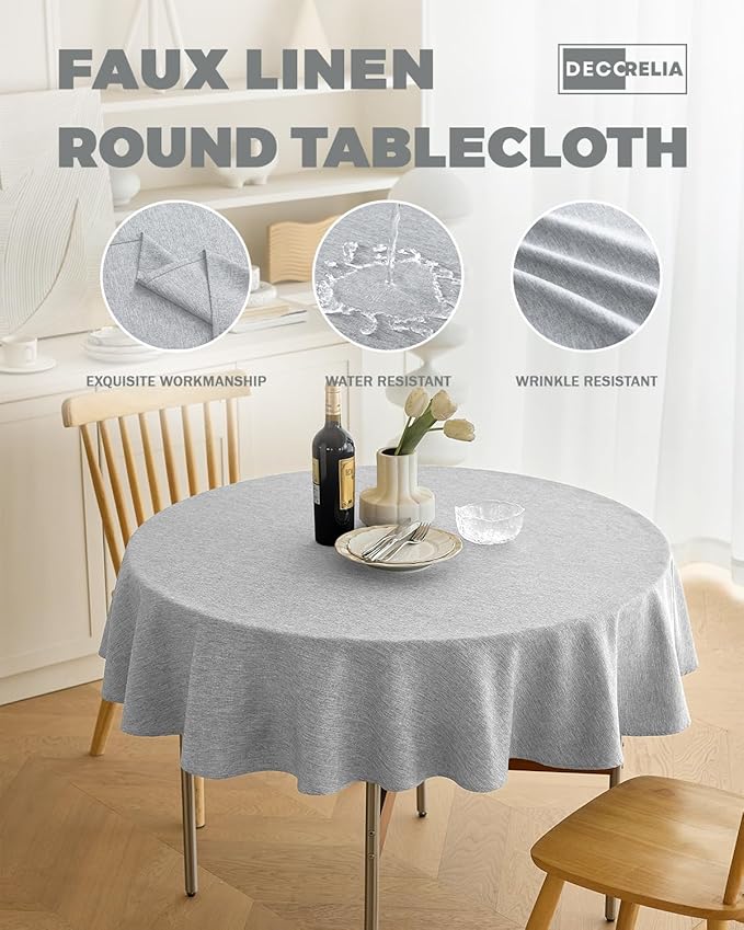 Linen Texture Round Tablecloths 60 Inch, Decorative Waterproof Farmhouse Table Cloth Anti-Scratch Soft Cover for Holiday, Banquet,Dining& Kitchen Table (60 Inch,Round (2-4 Seats), Cool Grey)