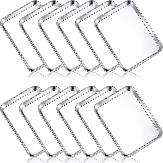 Mimorou 12 Pcs Baking Sheet Stainless Steel Cookie Small Metal Sheet Pans Professional Rectangle Oven Trays Kitchen Baking Cooking Oven and Toaster, Dishwasher Safe