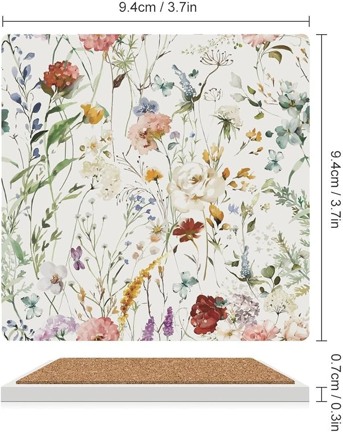 Square-6PCS Floral Drink Coasters, Square Modern Ceramic Absorbent Coasters, Watercolour Colorful Flower Herb Nature Plant Floral Decor Desk Coffee Table Coaster for Beverage Cup Tea Coasters