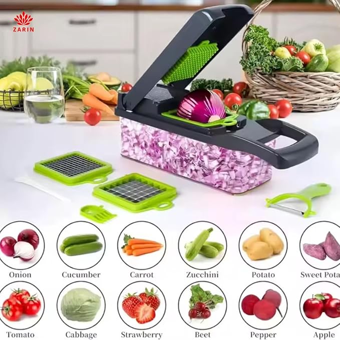 ZARIN 16‑in‑1 Vegetable Chopper & Slicer – Multi-Function Kitchen Gadget for Onions, Fruits & Vegetables – Mandoline Slicer with Interchangeable Blades for Easy Meal Prep