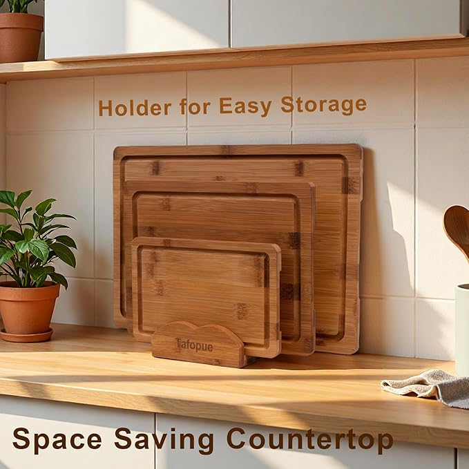 Tafopue Cutting Board Set with Holder, Space Saving Kitchen Bamboo Chopping Boards, Build in Juice Groove and Grip Handle, Durable Wooden Serving Board for Meal Prep & Charcuterie, Gift Idea