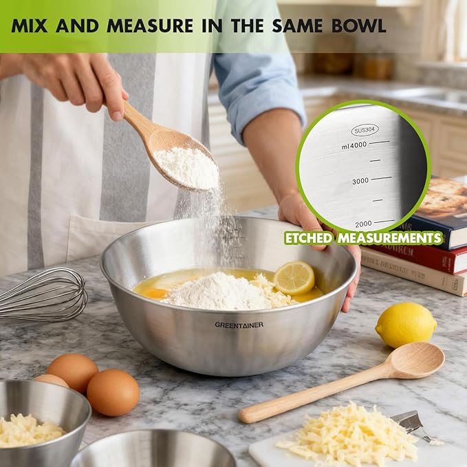 Greentainer 5-Piece Stainless Steel Mixing Bowls Set for Kitchen, Nesting Bowls for Mixing, Baking, Prepping, Cooking and Serving Food, Metal Mixing Bowls Dishwasher Safe