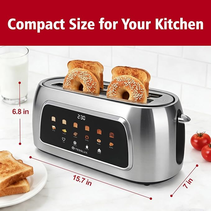 Tesslux 4 Slice Toaster with Touch Screen Control, 1.5" Wide Long Slots, 6 Browning Levels & 6 Bread Types, Digital Timer, Memory, Defrost, Reheat (SILVERY)