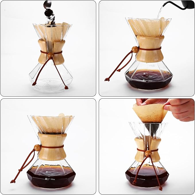 Lalord Pour Over Coffee Maker, 19 oz Borosilicate Glass Coffee Carafe with 100 PCS V60 Paper Filter, Wooden Collar & Cowhide rope, Glass Coffee dripper (Clear, 550 ml)