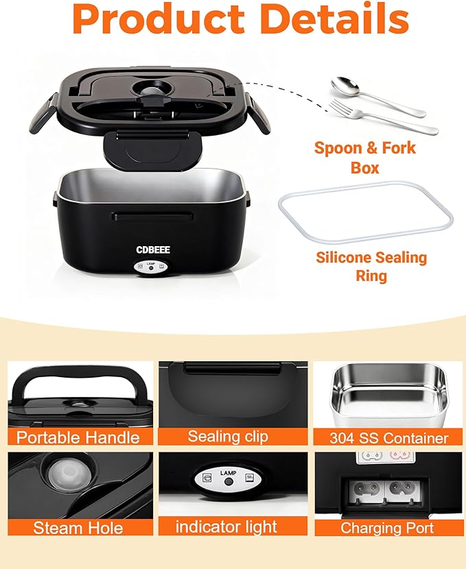 Electric Lunch Box Food Heater - 80W Fast Heating, 1.5L Heated Lunch Box Leak-Proof 304 Stainless Steel Portable Food Warmer, (12V/24V Car/Truck & 110V Home), Ideal for Work/Travel（Black）