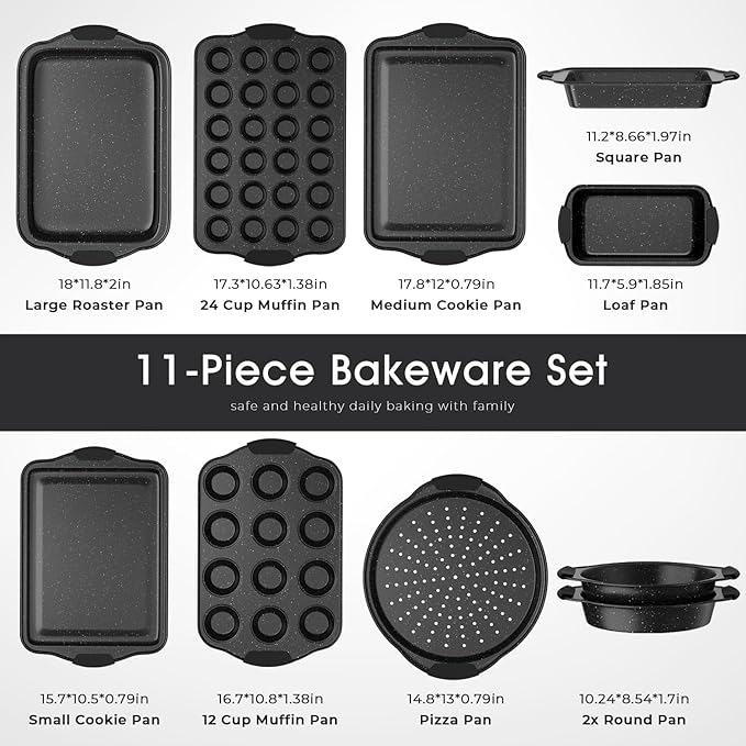 Slow Slog 11-Piece Nonstick Baking Pan Set, Stackable Bakeware Sets, Oven Pans for Baking with Silicone Handles, Includes Cookie Sheet, Cake Pans, Loaf Pan, Pizza Pan, Muffin Pan, Black