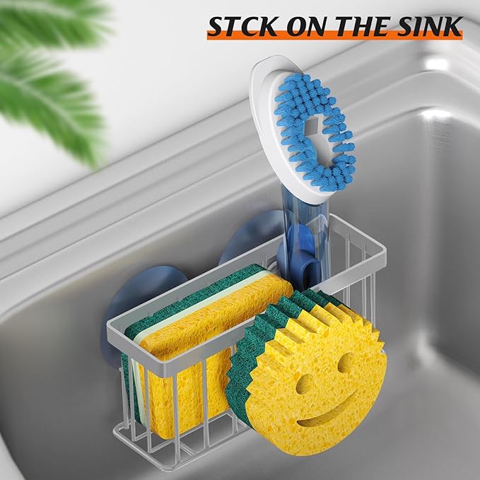 Sponge Holder Smiley Face, Kitchen Organizer with 2 Suction Cups/1 Adhesive Strips,Designed for Sponge,Soap,Dish Brush,Scrubber - Gray