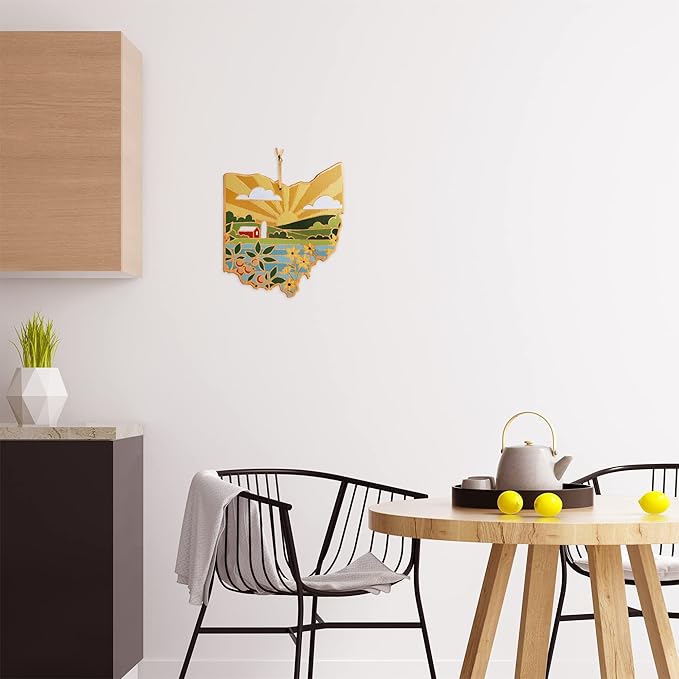 Totally Bamboo Ohio State Shaped Cutting Board and Charcuterie Serving Platter with Artwork by Summer Stokes, Includes Hang Tie for Wall Display Varies