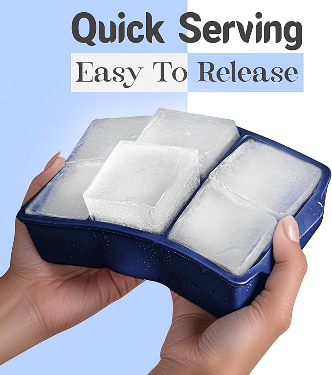 KitchFort Large Silicone Ice Cube Tray (2-Pack), Easy Release 2" Big Ice Cubes - Cocktail, Whiskey Ice Cubes Mold - Ice Trays for Freezer with Lid - Stackable Silicone Ice Tray - Navy Blue