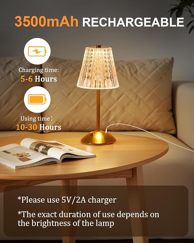 Rechargeable Cordless Table Lamp, Touch Control Crystal Desk Lamp with 3500mAh Battery, 3 Color Dimmable LED Small Lamp for Bedroom Bedside Restaurant Kitchen Home Decor, Gold