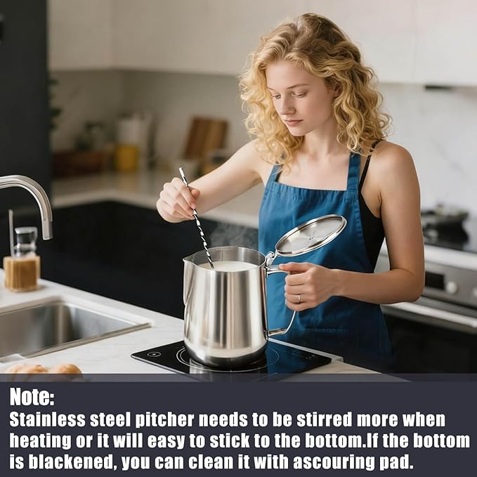 Stainless Steel Pitcher with Lid, 67 oz/2000 ml Large Metal Measuring Cup with Handle, Dual Scale Markings Graduated Beakers, Milk Frothing Jug for Espresso Machines, Latte Art, Iced Tea, Hot Water