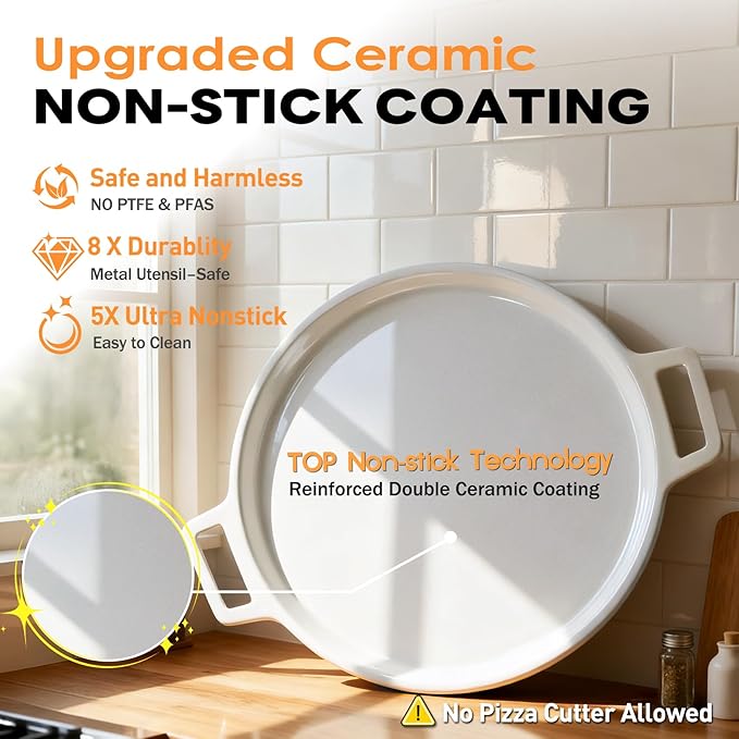 Ceramic Nonstick Pizza Pan, 3-Layer Hybrid Pizza Steel with Aluminum Core, Better Thermal Conductivity than Stone, Food-grade Non-stick Oven Baking Pan, PTFE & PFAS Free, Safe Up to 500°F