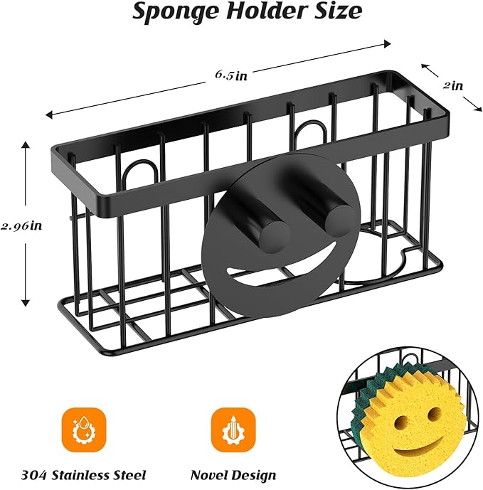 Sponge Holder Smiley Face, Caddy for kitchen Sink, Kitchen Organizer Sponge Holder with 2 PCS Suction Cups/1 PCS Adhesive Strips, Designed for Sponge, Soap, Dish brush, Scrubber-Black