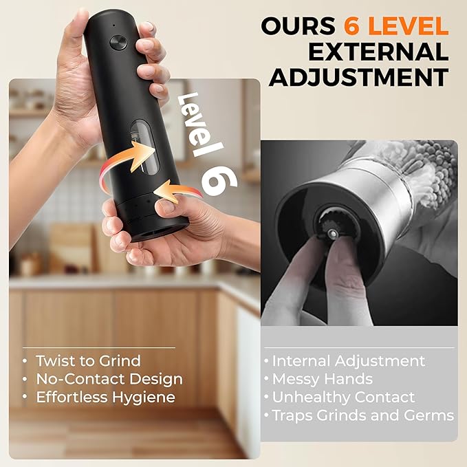 Upgraded Larger Capacity 110ml Electric Salt and Pepper Grinder Set, Rechargeable Automatic Salt and Pepper Shakers with LED light,Kitchen Appliances with External 6 Adjustable Coarseness
