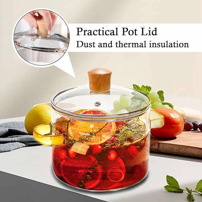 Clear Glass Simmer Pot with Lid for Cooking Potpourri Cookware 1.5L 50oz Saucepan Pots for Stove Top Small Soup Pan