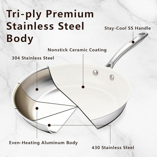 SAKAMOSH 8" Tri-Ply Stainless Steel Frying Pan, Nonstick Ceramic Pan, Skillet with Stay-Cool Handle, Non Toxic, PFAS PFOA PTFE Free, Dishwasher & Oven Safe, Induction, Compatible with All Cooktops