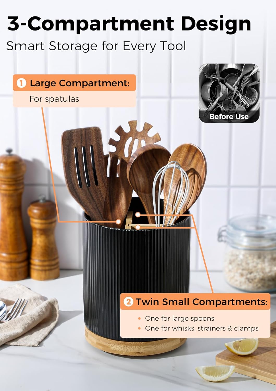 LoeJan 3 Compartment Utensil Holder, Extra Large Utensil Crock, Stable Ceramic Utensil Organizer, Cooking Tool Organizer Set for Kitchen Counter Farmhouse Decor (B-Black(Vertical Stripe))