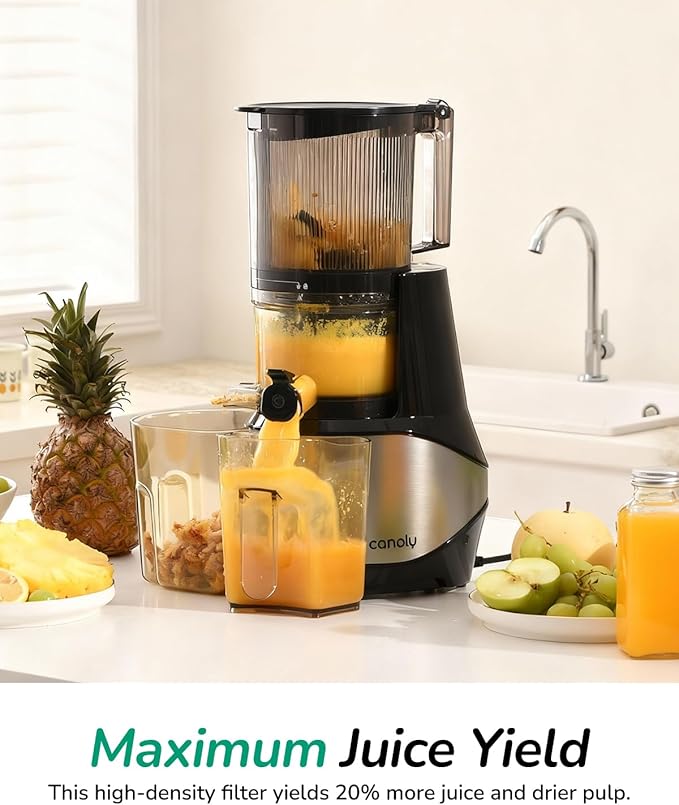 Canoly C09 Cold Press Juicer, 6" Extra Wide Feed Chute, 3-IN-1 Strainers (Juice & Sorbet & Nut Milk), Powerful AC Brushless Motor, Self Precut System, Juicer Machines with BPA-Free (Classic)